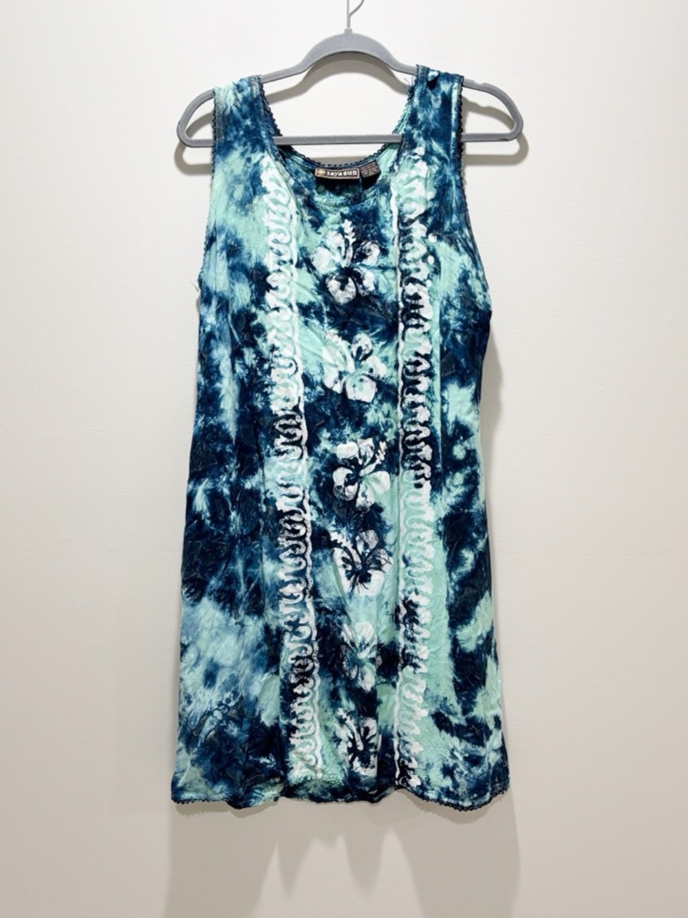 raya sun Teal and Navy Tie-Dye Scoop Neck Mini Beach Swim Summer Boho Dress 2X